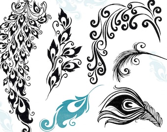Peacock Tail Feather Clip Art, Decorative Design for Vinyl, Digital Album Graphic, DIY Chic Wedding Invitations, Peacock ClipArt