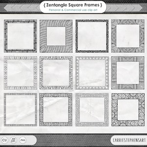 Square Zen Doodle Frame Clip Art Set with Intricate Geometric, Tribal Designs, A Transparent Photo Overlay in PNG