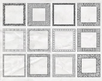 Square Zen Doodle Frame Clip Art Set with Intricate Geometric, Tribal Designs, A Transparent Photo Overlay in PNG