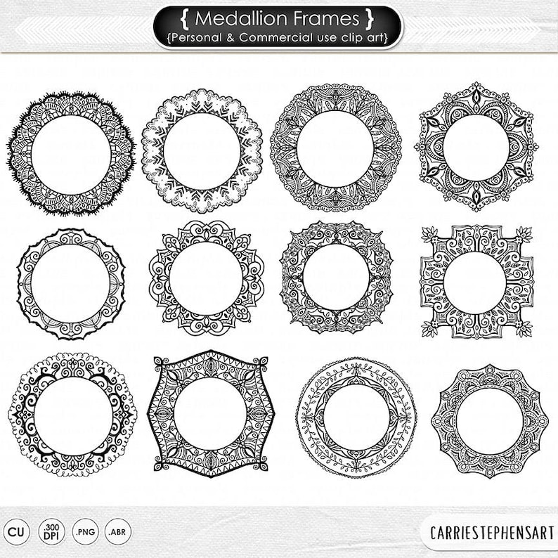 May include: Set of twelve black and white mandala-style circular and square frames. The frames are ideal for adding a decorative touch to your designs.