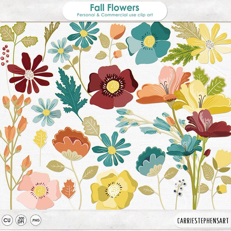 May include: A digital clip art set of autumn flowers in various colours, including red, orange, yellow, blue, and green. The flowers are illustrated in a whimsical style and are perfect for adding a touch of autumn to your designs.