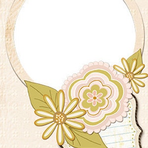 May include: A vintage-style frame with a circular opening, decorated with a floral design. The frame is surrounded by a light brown background with a delicate pattern of swirls. The floral design features pink and green flowers with yellow centers, and green leaves.