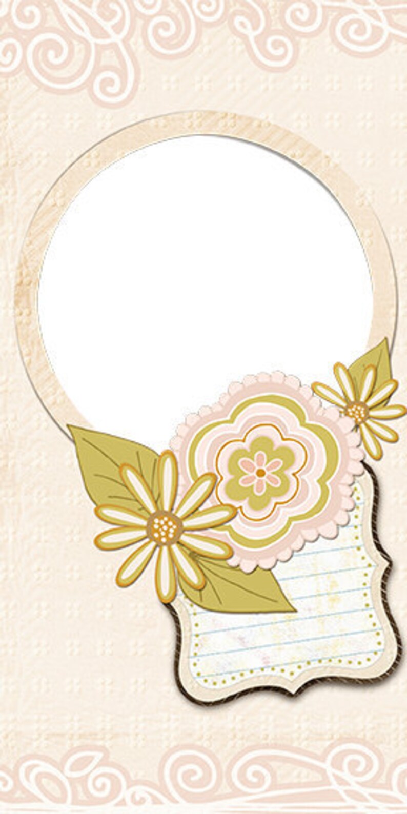 May include: A vintage-style frame with a circular opening, decorated with a floral design. The frame is surrounded by a light brown background with a delicate pattern of swirls. The floral design features pink and green flowers with yellow centers, and green leaves.