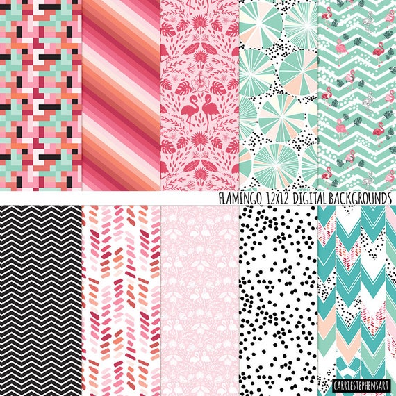 Flamingo Digital Paper Tropical Scrapbook Backgrounds Flamingo Patterns Pink Mint Teal Graphic Modern By Carriestephensart Catch My Party