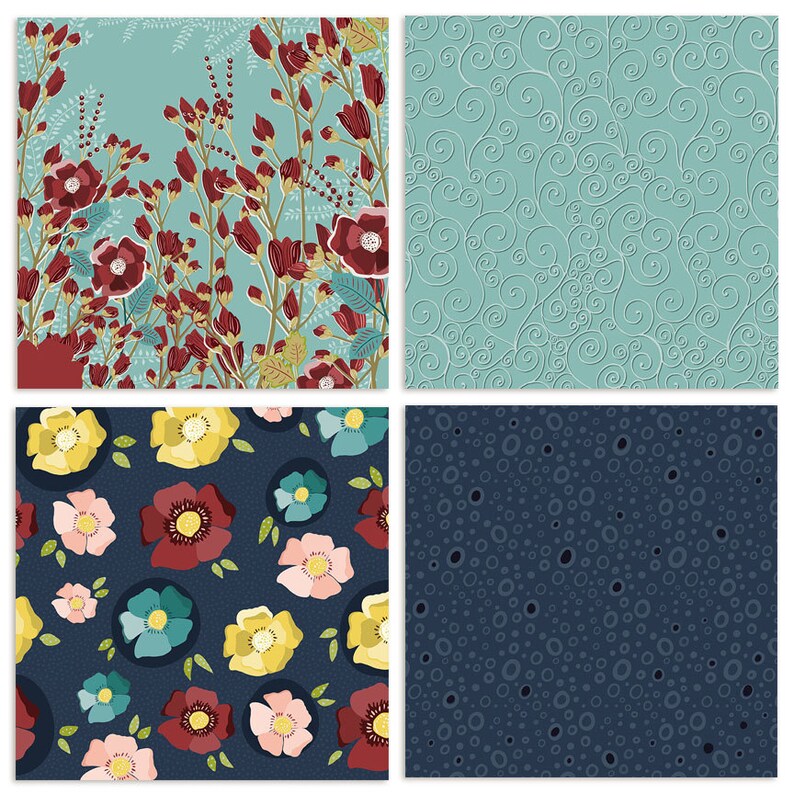 May include: Four different seamless patterns, each with a unique design. The first pattern features red flowers and leaves on a light blue background. The second pattern is a light blue background with white swirls. The third pattern features red, yellow, pink, and blue flowers on a dark blue background. The fourth pattern is a dark blue background with white circles.