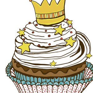 May include: A white cupcake with brown frosting topped with a yellow crown and yellow stars. The cupcake is in a blue and red paper liner.