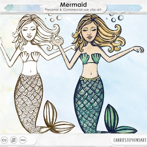 Mermaid Digital Stamp & Clip Art, Shaded Outline Line Art, Printable Instant Download, DIY Coloring Page, Card Making image 1