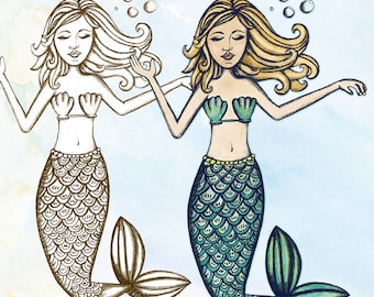 Mermaid Digital Stamp & Clip Art, Shaded Outline Line Art, Printable Instant Download, DIY Coloring Page, Card Making