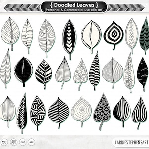 Doodled Leaves Clip Art, PNG Leaf Digital Stamp Printable & Photoshop Brush, Cardmaking ClipArt, Natural Zen Design, Nature Foliage