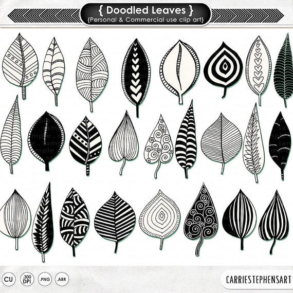 doodled leaves clip art png leaf digital stamp printable etsy canada