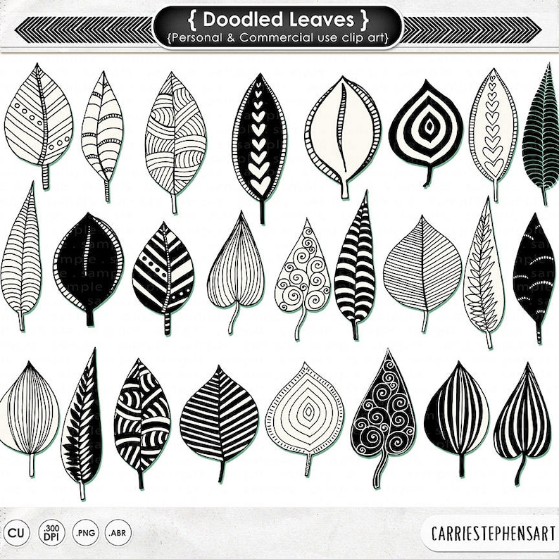 Doodled Leaves Clip Art, PNG Leaf Digital Stamp Printable & Photoshop Brush, Cardmaking ClipArt, Natural Zen Design, Nature Foliage image 1