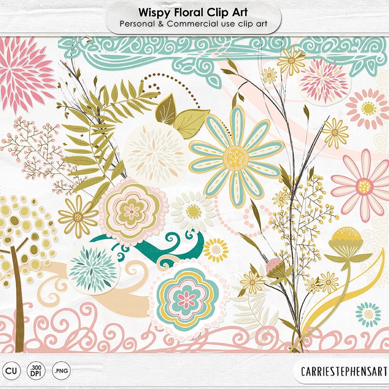 May include: A digital clipart set featuring whimsical floral designs in shades of pink, blue, green, and yellow. The set includes various flowers, leaves, swirls, and other decorative elements.