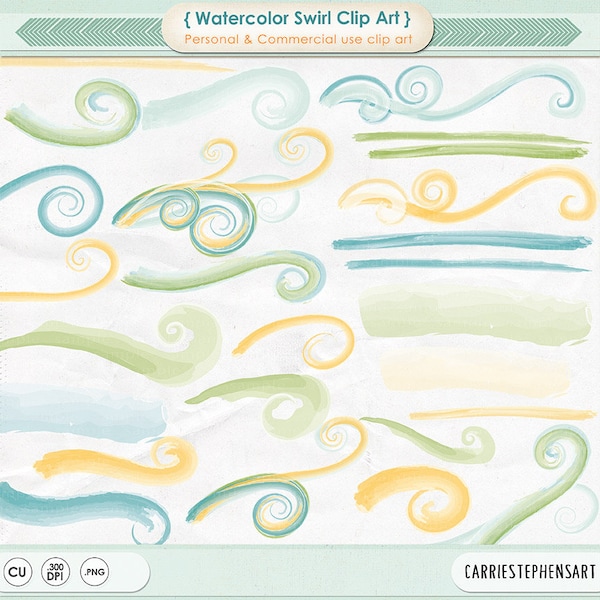 Digital Watercolor Swirl Clip Art, Decorative Design Borders, Baby Blue, Yellow & Green Painted Flourishes ClipArt, Instant Download