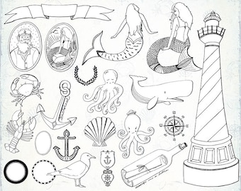 Nautical Digital Stamps, Mermaid Clip Art, Beach Wedding, Nautical Graphics for Stickers, PNG + Photoshop Brush, Doodles & Line Art