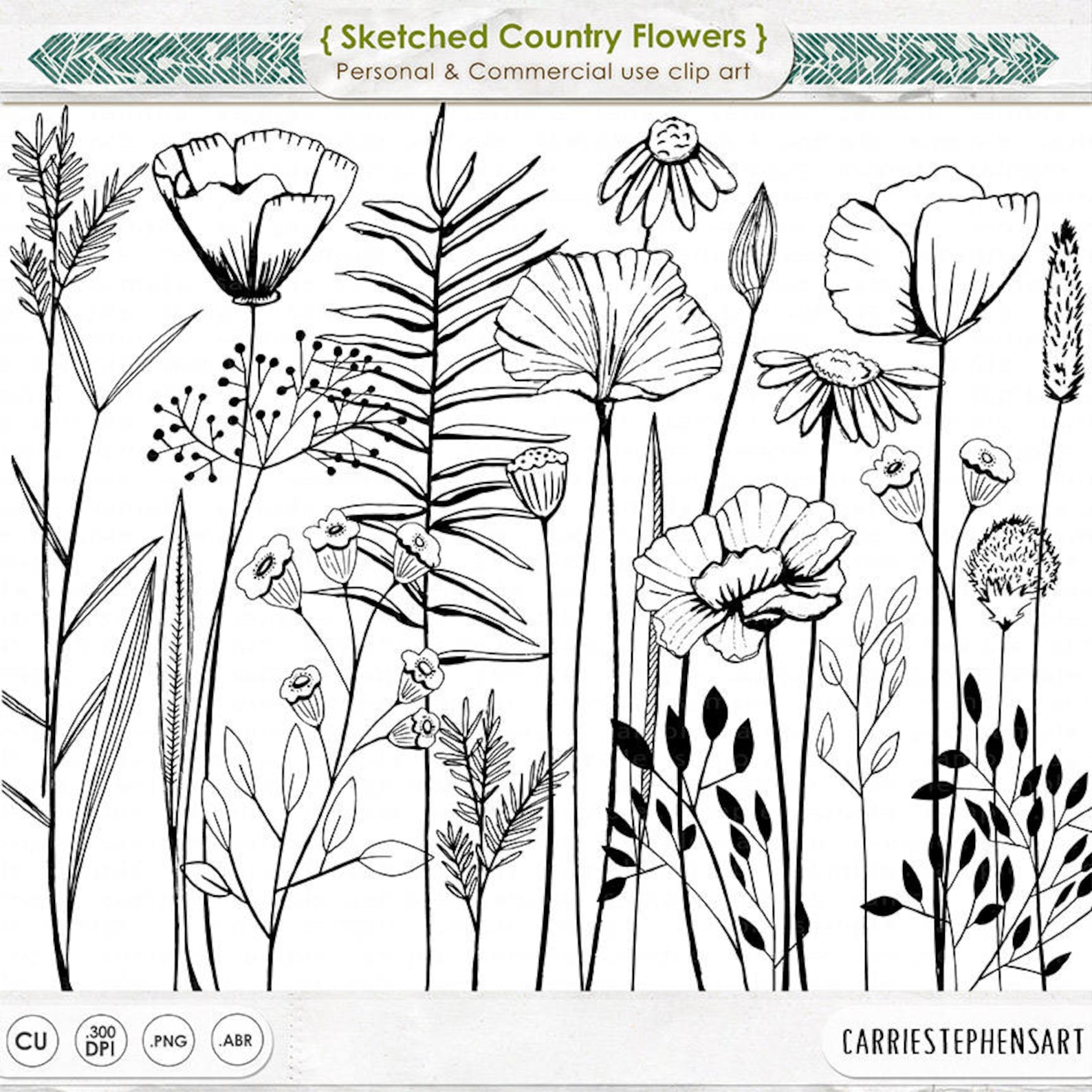 Long Stem Flower Line Art Sketched Printable Digital Stamp Etsy