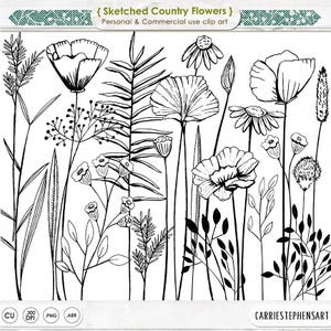 Wildflower ClipArt  Flower Line Art | Boho Sketched Flower Stems | Printable Digi Stamp PNG Images