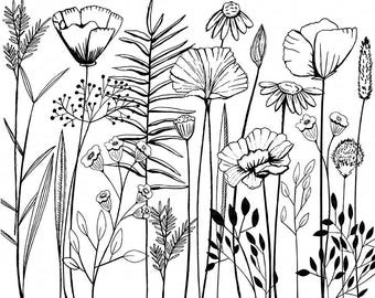Wildflower ClipArt  Flower Line Art | Boho Sketched Flower Stems | Printable Digi Stamp PNG Images