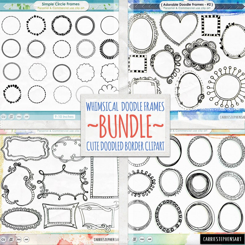 Pu&ograve; includere: Una collezione di cornici e bordi doodle stravaganti in bianco e nero. Il pacchetto include varie forme, tra cui cerchi, ovali, cuori e rettangoli. Il testo sull'immagine recita "WHIMSICAL DOODLE FRAMES - BUNDLE - CUTE DOODLED BORDER CLIPART". Le cornici variano da 22,86 a 25,4 cm.
