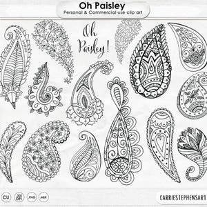 Boho ClipArt, Paisley Doodle & Black Line Art Digital Stamps, Decorative ClipArt for Graphic Designs | Instant Download, PNG Silhouette