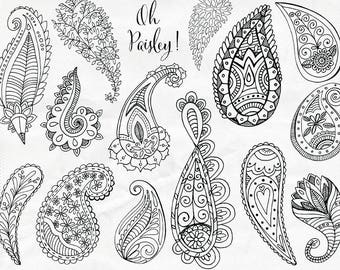 Boho ClipArt, Paisley Doodle & Black Line Art Sellos digitales, ClipArt decorativo para diseños gráficos / Descarga instantánea, Silueta PNG