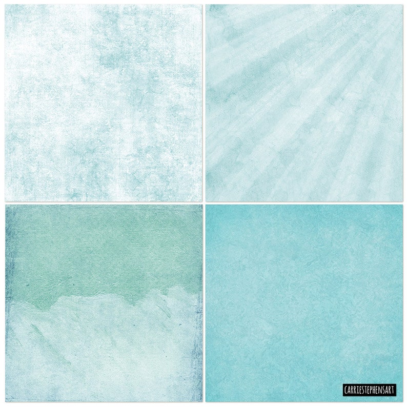 May include: Four digital paper textures in shades of blue and green. The textures are reminiscent of watercolor washes and have a slightly distressed look.