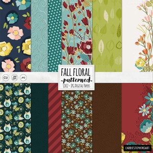 Country Farmhouse Digital Scrapbook Paper, Fall Floral Pattern Backgrounds, Cranberry, Teal and Green Fall Flowers, Swirl, Instant Download