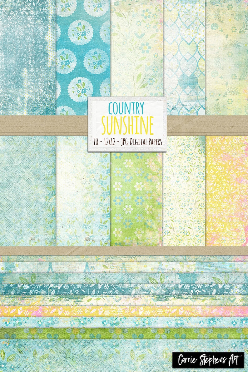 Op de afbeelding: Een set van 10 digitale papieren met een landelijk zonneschijn thema. De papieren zijn in verschillende tinten blauw, groen en geel met bloemmotieven. De tekst "COUNTRY SUNSHINE 10 - 12x12 - JPG DIGITAL PAPERS" wordt weergegeven op de afbeelding.