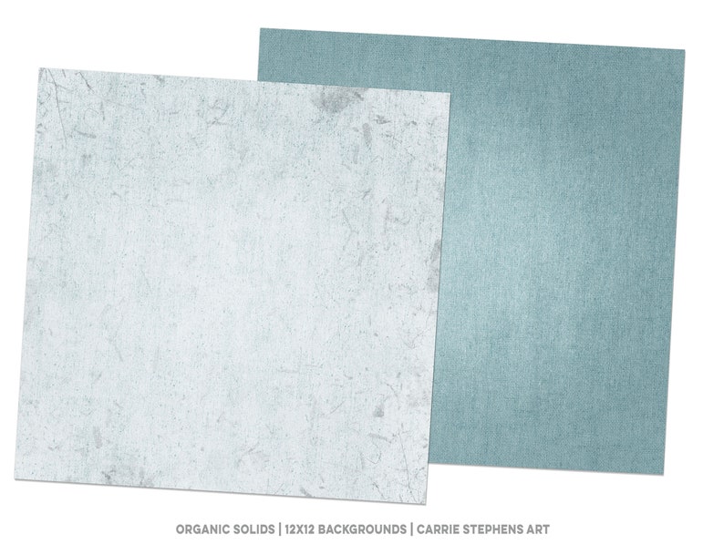 May include: Two digital paper textures, one with a light blue, slightly textured background and the other with a white background with a subtle, light blue, distressed pattern.  The text "ORGANIC SOLIDS | 12X12 BACKGROUNDS | CARRIE STEPHENS ART" is at the bottom of the image.