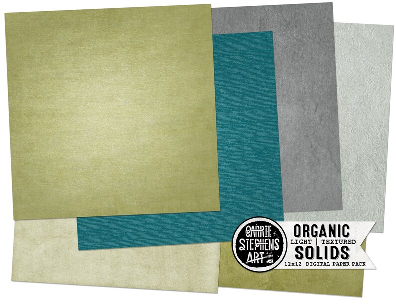 May include: A digital paper pack with four 12x12 inch textured backgrounds in shades of green, teal, gray, and white. The pack is titled "Organic Solids" and is by Carrie Stephens Art.