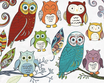 Rainbow Owl Clip Art, Colorful Primary Children Digital Images, Whimsical Woodland Owl Graphics, Commercial Use,  DIY Invites