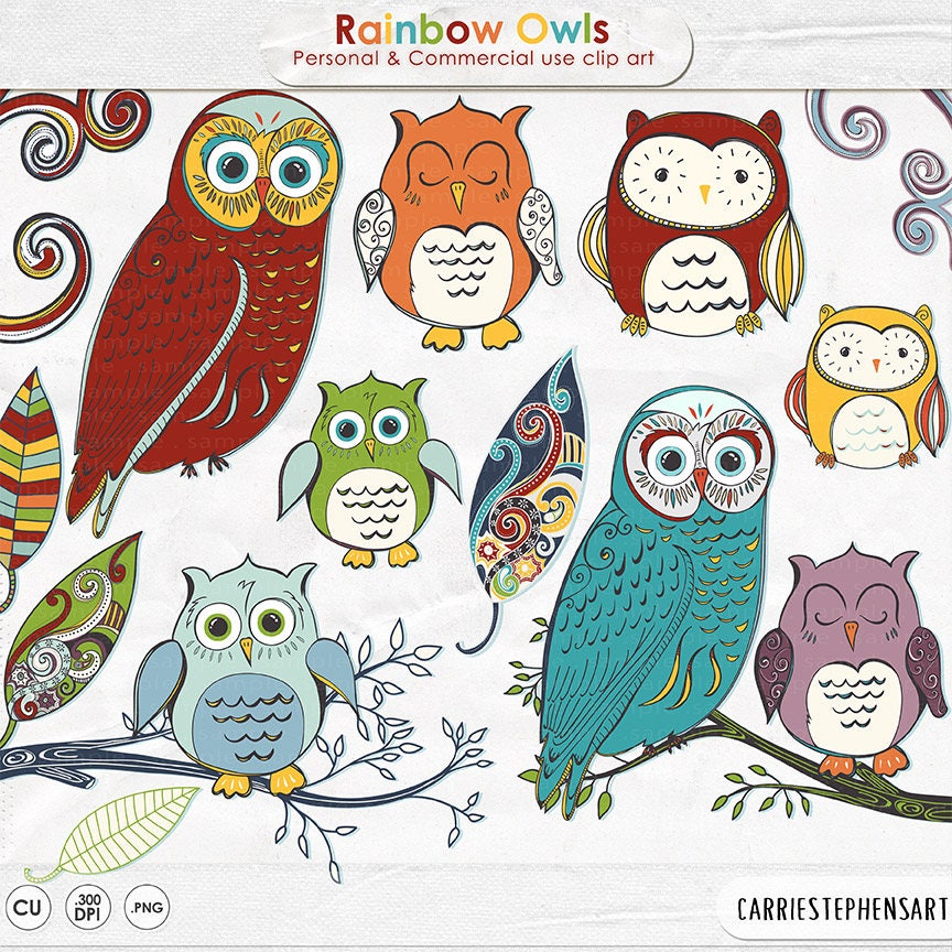 Rainbow Owl Clip Art, Colorful Primary Children Digital Images, Whimsical Woodland Owl Graphics, Com