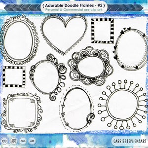May include: A set of ten black and white doodle frames, including a heart, a square, a circle, and a star. The frames are ideal for adding a whimsical touch to your designs.
