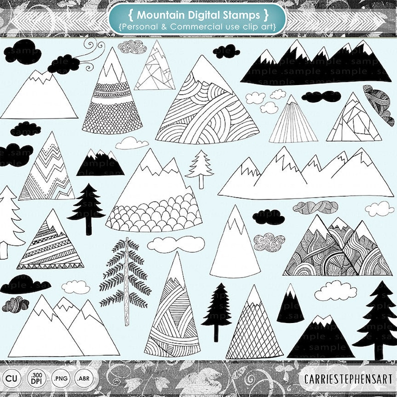 Zen Mountain ClipArt, Whimsical Woodland Doodle Images Black & White PNG Mountains, Nature Digi Stamps, Digital Download image 1