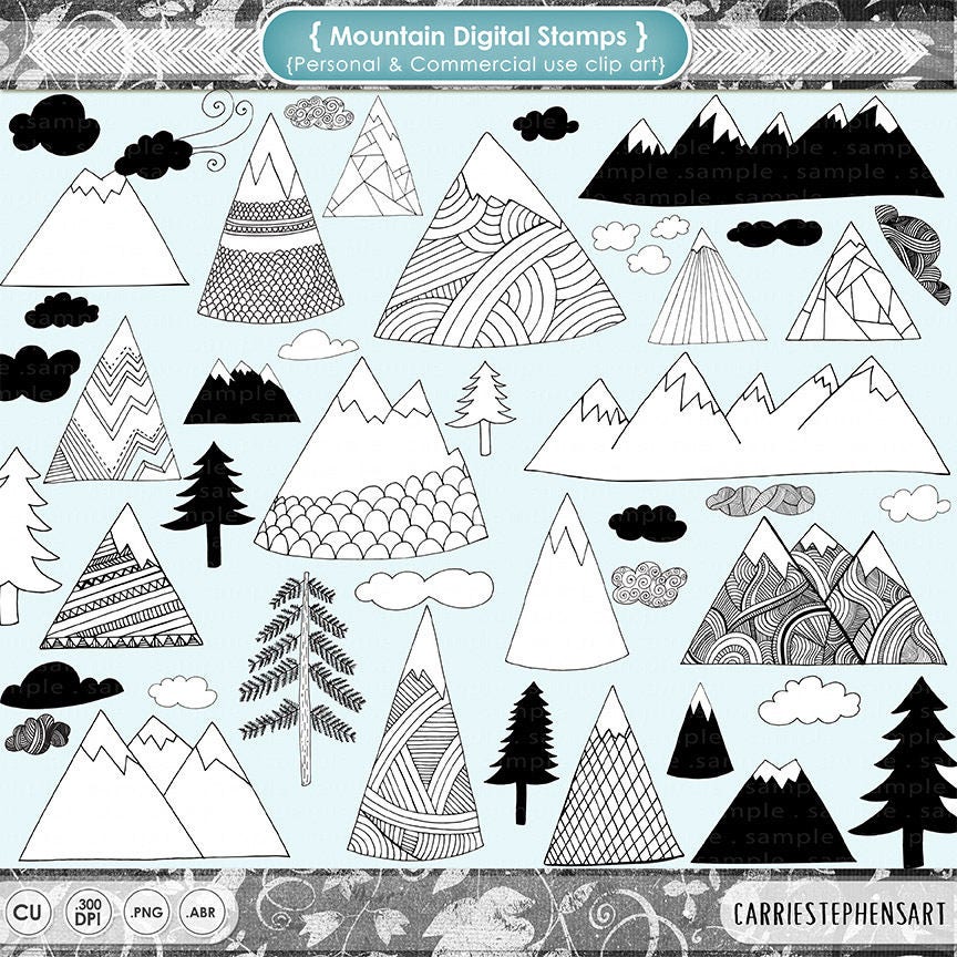 Zen Mountain ClipArt, Whimsical Woodland Doodle Images | Black & Whit…