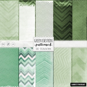 May include: Twelve digital papers featuring green chevron patterns in various shades of green. The papers are 12x12 inches and 300 DPI. The text "GREEN CHEVRON -patterned- 12x12 - JPG DIGITAL PAPERS" is displayed on a white background.