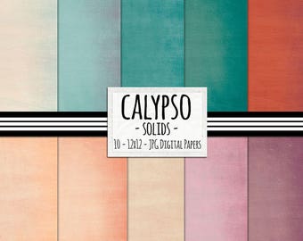 Tropical Vacation Digital Paper, Coral & Teal, Island Sunset Boho Chic Background, Solid Digital CardStock Paper, Canvas Texture, Linen