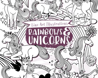 Unicorn Line Art Illustrations, Printable Digital Stamps, Unicorn Tracing Images, Rainbows & Clouds, Fantasy ClipArt