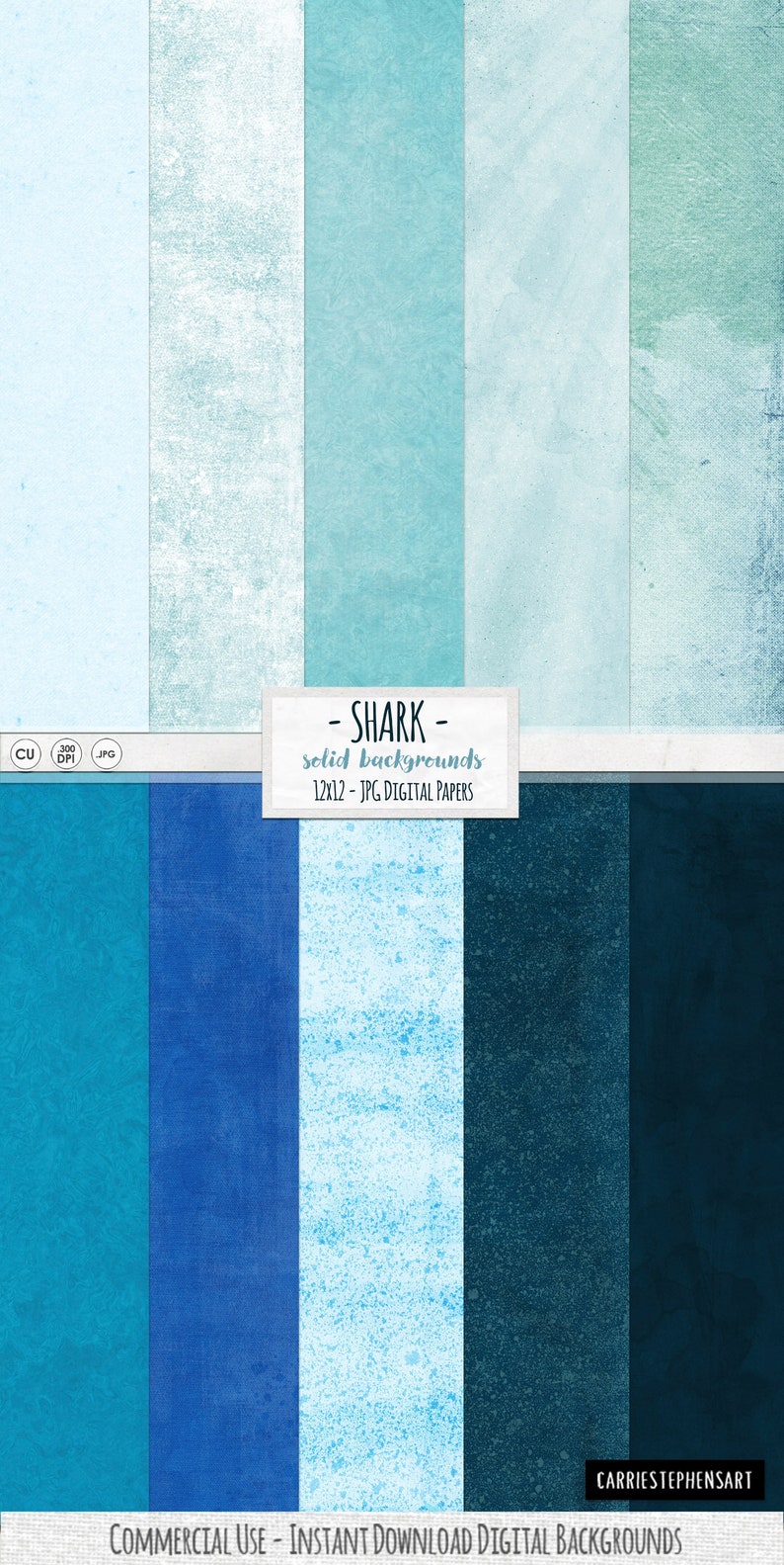 May include: Twelve digital paper backgrounds in shades of blue, teal, and aqua. The papers have a textured, distressed look. The text "SHARK - solid backgrounds 12x12 - JPG DIGITAL PAPERS" is at the top of the image.