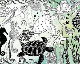 Seahorse & Sea Turtle ClipArt Images, Aquarium Animal Printable Digital Stamp, Ocean Creature Graphics, Beach Vacation - Commercial Use PNG