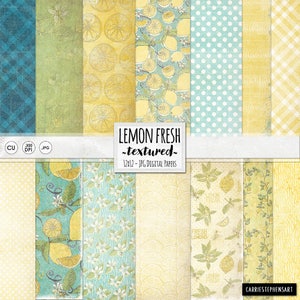 Chic Lemon Digital Paper, Lemon Pattern Vintage Kitchen Theme, Yellow & Sky Blue Textured Background Paper Pack for DIY Summer Party Invites