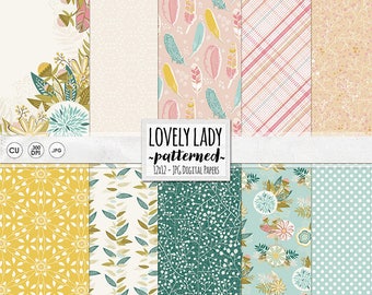 Lovely Lady Patterned Digital Papers, Feminine Pink Mother's Day, Pink & Blue Grandma's Floral Pattern, Feather Background Papers