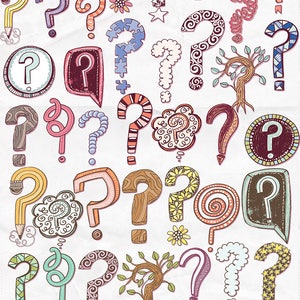 Peut inclure: Une collection de 30 points d'interrogation dessin&eacute;s &agrave; la main dans diff&eacute;rentes couleurs et styles. Les points d'interrogation sont dessin&eacute;s dans un style fantaisiste et ressemblant &agrave; des gribouillis, avec diff&eacute;rents motifs et textures. Le fond est de couleur beige clair.