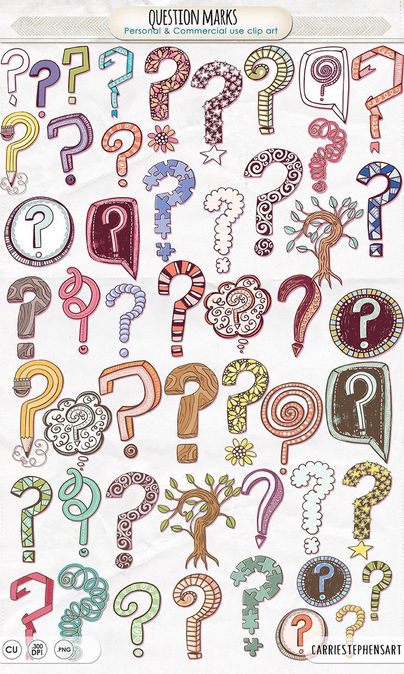 Peut inclure: Une collection de 30 points d'interrogation dessin&eacute;s &agrave; la main dans diff&eacute;rentes couleurs et styles. Les points d'interrogation sont dessin&eacute;s dans un style fantaisiste et ressemblant &agrave; des gribouillis, avec diff&eacute;rents motifs et textures. Le fond est de couleur beige clair.