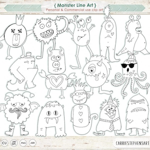 Monster Digitale Stempel. PNG schwarze Linie Kunst, Dumme Monster Kritzeleien, Kinder ClipArt, Handstickerei Grafik + Photoshop Pinsel