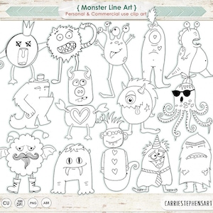 Monster Digital Stamps. PNG Black Line Art, Silly Monster Doodles, Children ClipArt, Hand Embroidery Graphics Photoshop Brush image 1