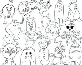 Monster Digital Stamps. PNG Black Line Art, Silly Monster Doodles, Children ClipArt, Hand Embroidery Graphics + Photoshop Brush