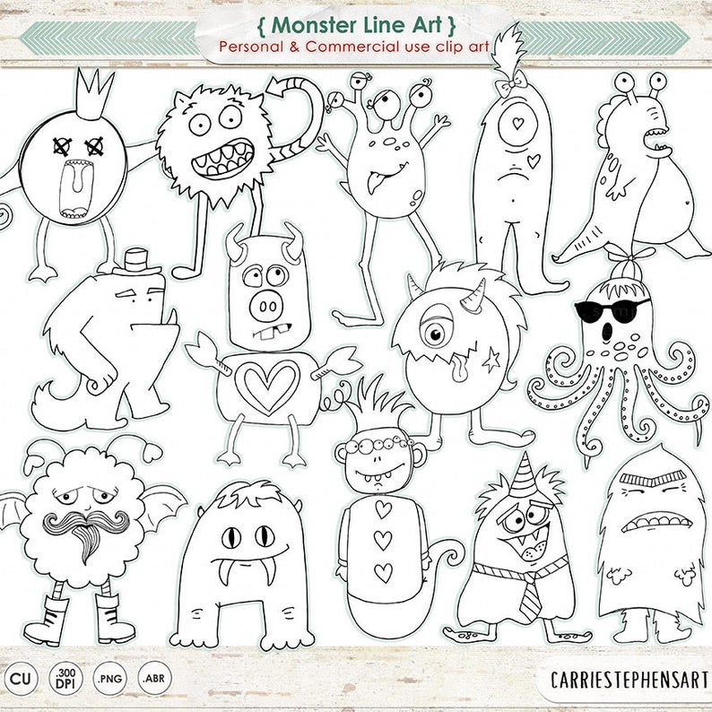 Monster Digital Stamps. PNG Black Line Art, Silly Monster Doodles, Children ClipArt, Hand Embroidery Graphics Photoshop Brush image 1