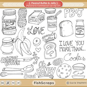 Peanut Butter & Jelly Digital Stamps, Whimsical Doodle Outlines, PNG + Photoshop Brush, Hand Embroidery Templates, Food Clip Art