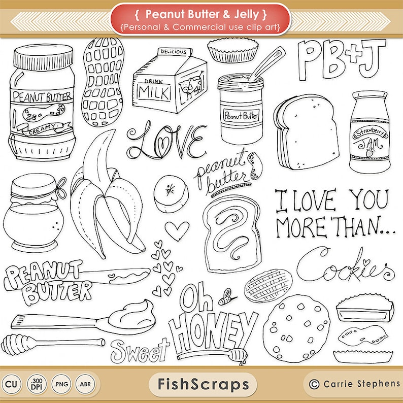 Peanut Butter & Jelly Digital Stamps, Whimsical Doodle Outlines, PNG + Photoshop Brush, Hand Embroidery Templates, Food Clip Art image 1