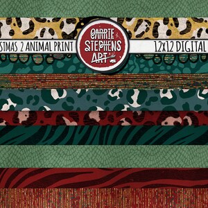 K&ouml;nnte beinhalten: Ein digitales Papierpaket mit 12x12 Zoll Mustern mit einem wilden Weihnachts-Thema. Die Muster beinhalten Leopardenmuster, Zebrastreifen und ein gr&uuml;nes und rotes geometrisches Design. Das Paket tr&auml;gt den Titel "Wild Christmas 2 Animal Print" und ist von "Carrie Stephens Art".